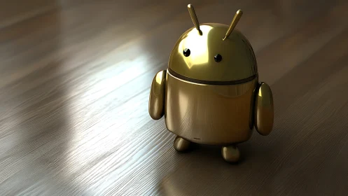 Golden robot mascot gleaming softly on wooden floor.