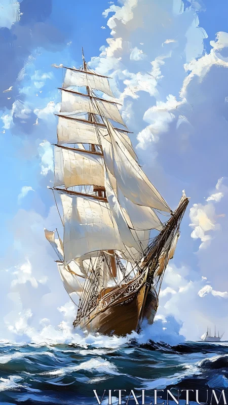 Tall ship cuts through sunlit waves under billowing sails