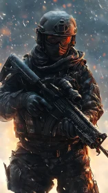 Heavily armed soldier in winter combat gear under fire.