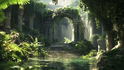 Sunlit overgrown stone archway spans terraced jungle pool