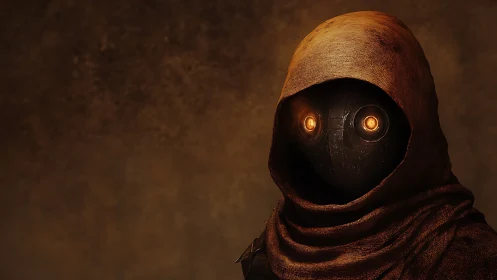 Hooded desert automaton studies the dusk with ember eyes