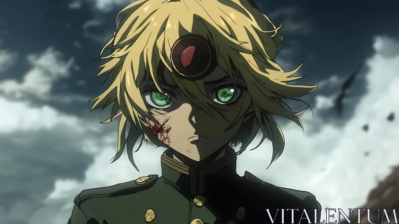 Blond anime soldier with injured face in stormy battlefield.