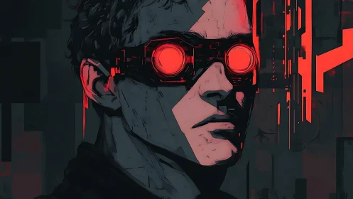 Cybernetic portrait with neon red optical goggles glow.