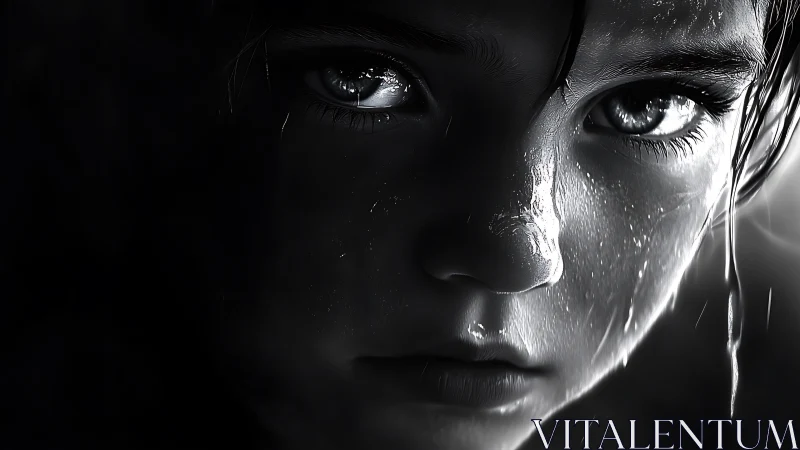 Close wet face of child in high contrast monochrome light.