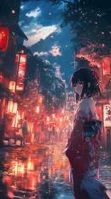Kimono girl walks through neon-lit rainy festival street at dusk.