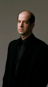 Serious man in black suit stands against muted studio backdrop