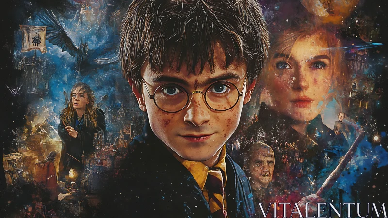 Central sorcerer portrait composes layered cinematic fantasy collage