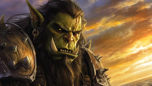 Battle-scarred orc warrior glares into a burning fantasy sky