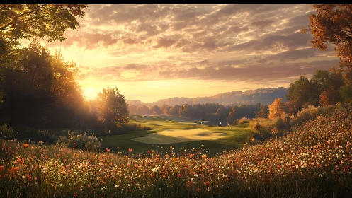 Sunlit fairway dream amid wildflower-splashed autumn hills.