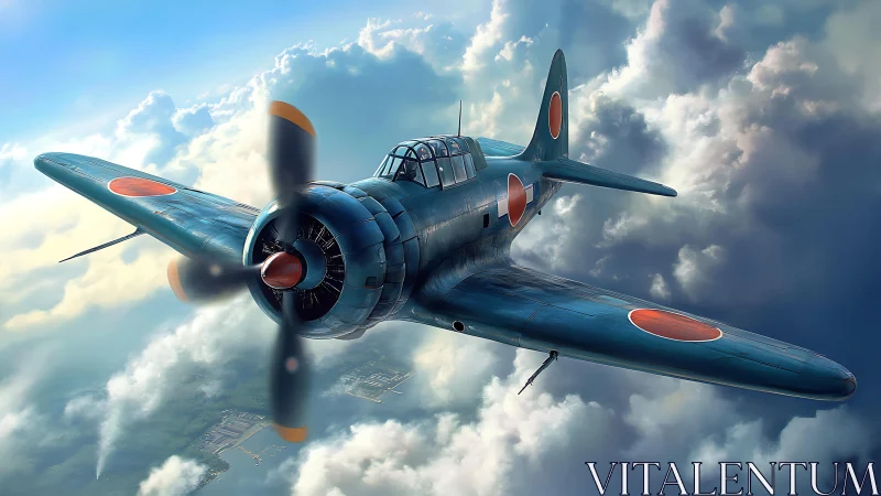 Single-engine military aircraft in cloudy aerial environment.