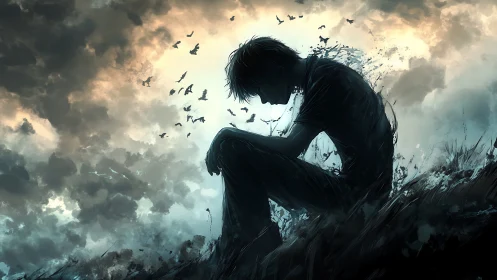 Silhouetted figure disintegrates into birds under storm backlit sky