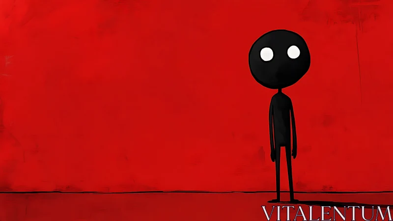 Minimalist black figure on stark red background.