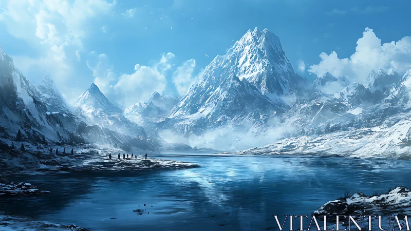 Snowbound alpine range towers over reflective glacial lake