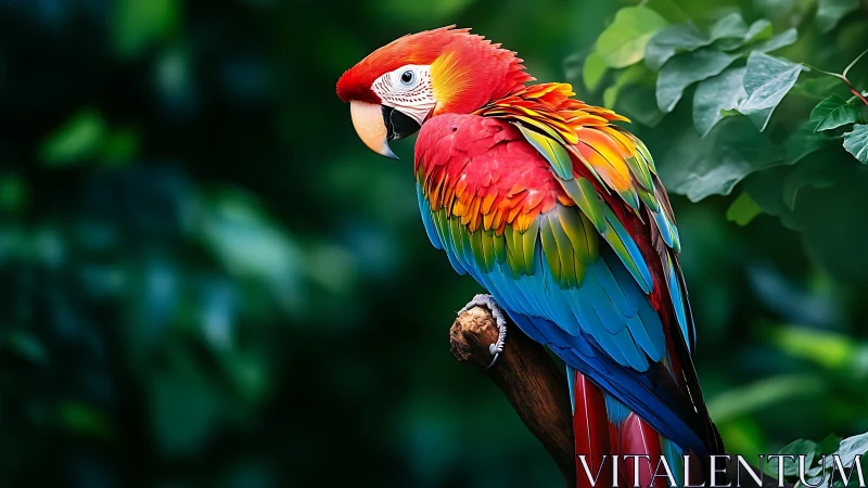 Vibrant scarlet macaw perched on branch in lush jungle setting.
