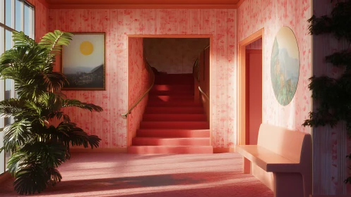 Sunlit pink stair hall with bench and framed art.