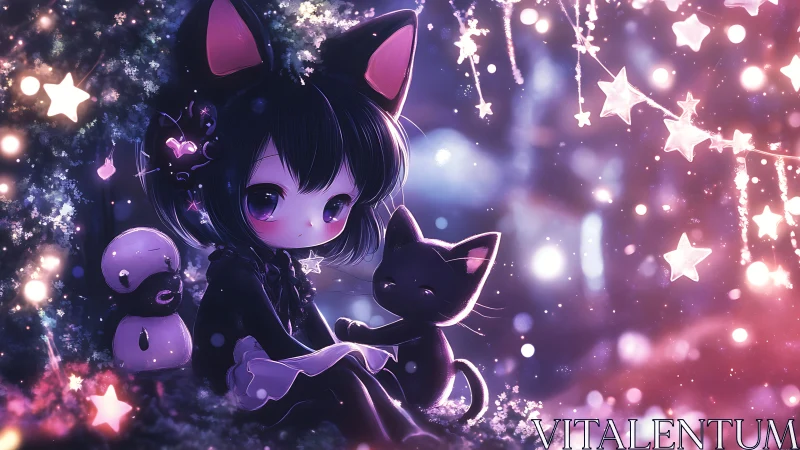 Cat-eared girl with black kitten under glowing star lights.