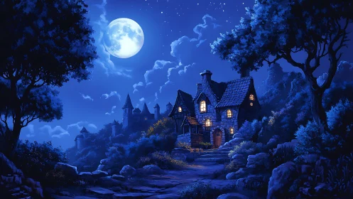 Moonlit stone cottage glows beside distant hilltop castle.