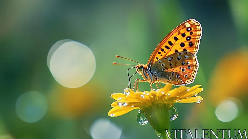 Orange butterfly rests on dew-kissed yellow flower in bokeh glow.