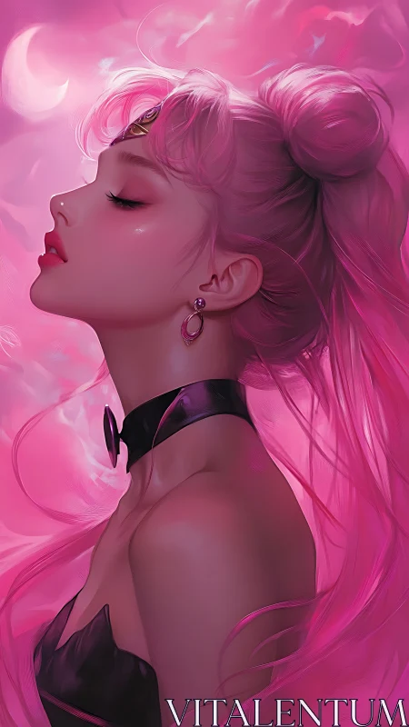 Side profile of pink haired woman in celestial pink sky.