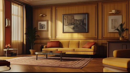 Sunlit golden living room with cozy sofa and mellow charm.