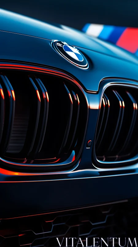 BMW kidney grille close-up with neon reflections and M tricolor