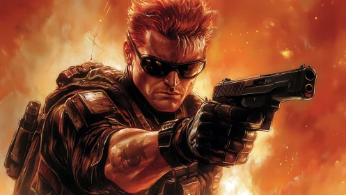 Armed soldier aims handgun against fiery orange backdrop.