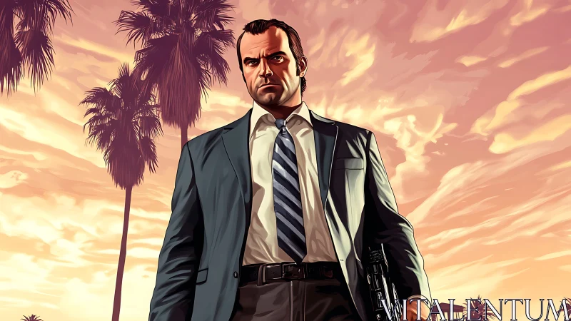 Sharp-suited antihero strides beneath neon sunset sky.