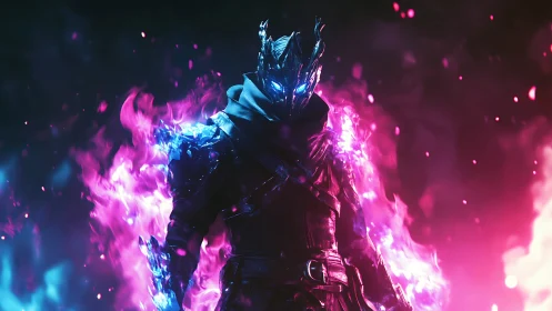 Flameforged Wraith Knight in neon blue and magenta storm.