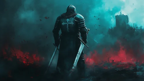 Armored knight with twin swords in foggy battlefield scene.