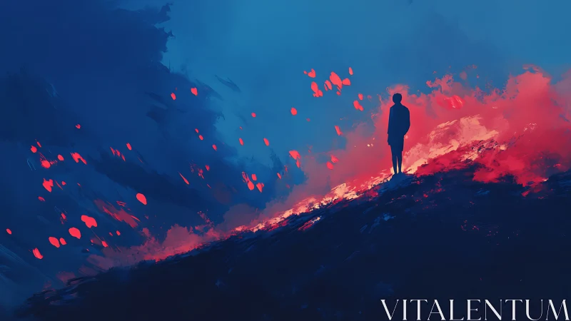 Solitary Figure Overlooking Volcanic Eruption