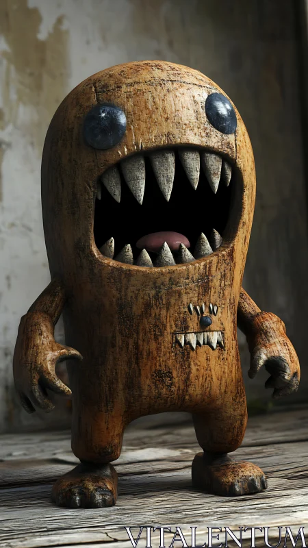 Textured wooden monster figurine with stylized teeth and worn patina