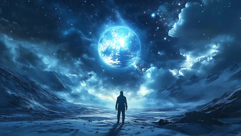 Lone stargazer under a colossal electric-blue world.