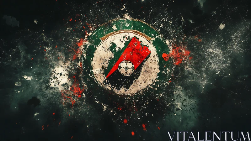 Exploding circular emblem scatters grunge particles outward