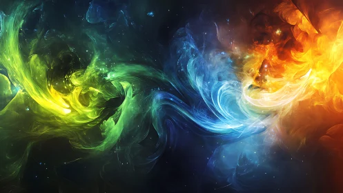 Elemental nebula ballet of fire, ice, and spectral storm.