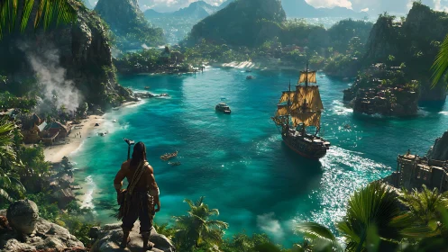 Pirate exploring tropical archipelago from cliff vantage.