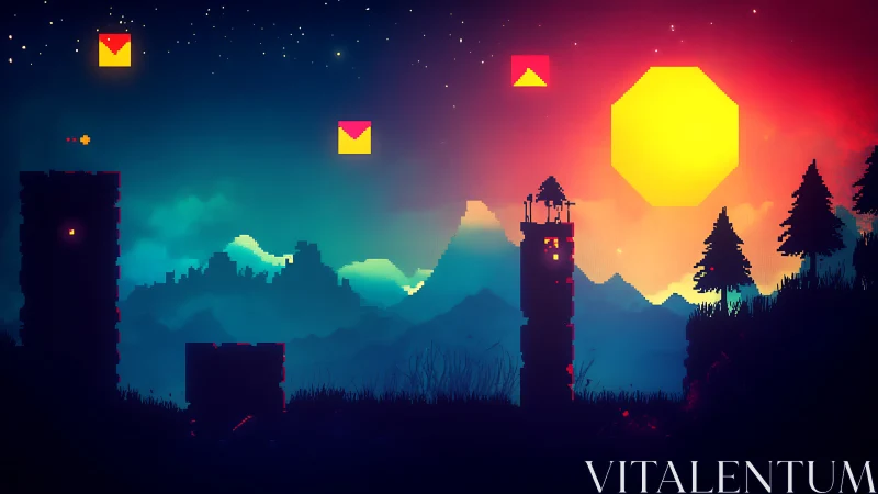 Neon pixel towers glow beneath a giant geometric sun