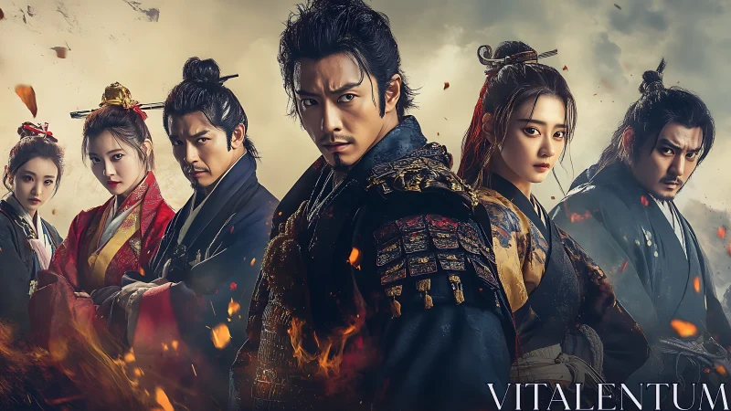 Six storm-lit warriors lean into destiny through drifting embers