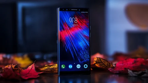 Smartphone with Blue-Red Digital Display Surrounded by Autumn Foliage