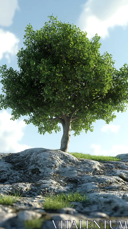 Lone green tree rises from sunlit rocky ground under sky.