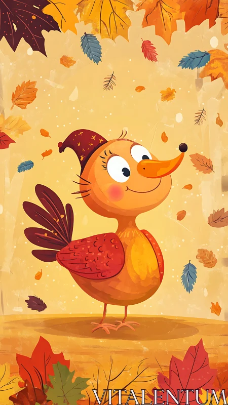 Cheerful Autumn Bird Character with Falling Leaves and Seasonal Foliage