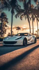 Sunset boulevard supercar prowls beneath lazy palm shadows.