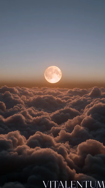 Full moon above dense glowing clouds at twilight sky.