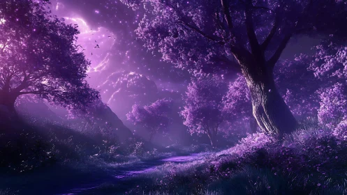 Purple forest path curves beneath glowing celestial sky