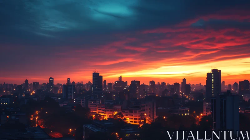 City skyline under vivid red dusk storm clouds.