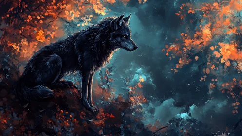 Midnight wolf lingers where ember leaves ignite the dusk