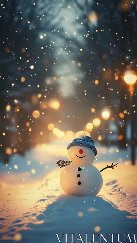 Snowman stands on a winter path under distant streetlights