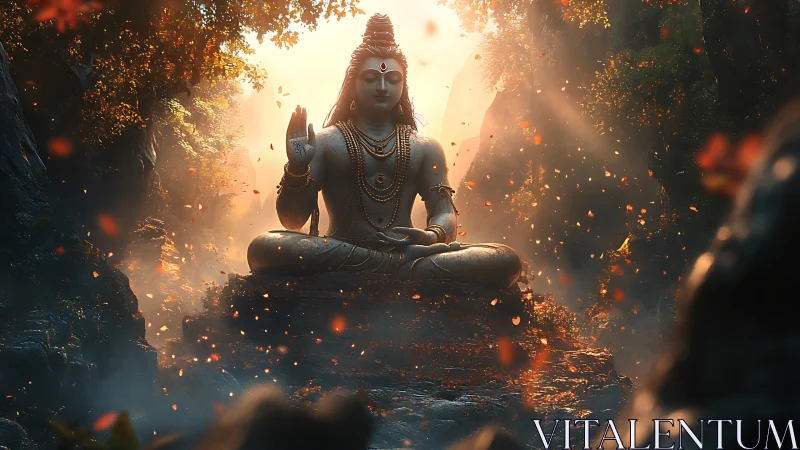 Divine stone deity amid volumetric light and ember petals.