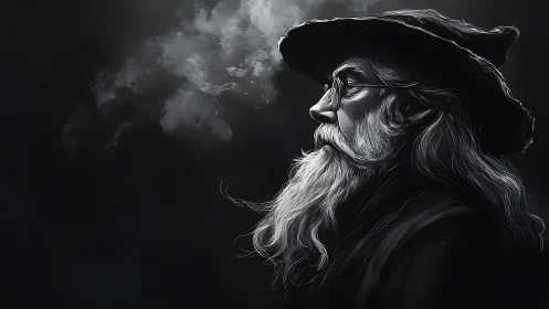 Monochrome profile portrait of elderly bearded man with smoke