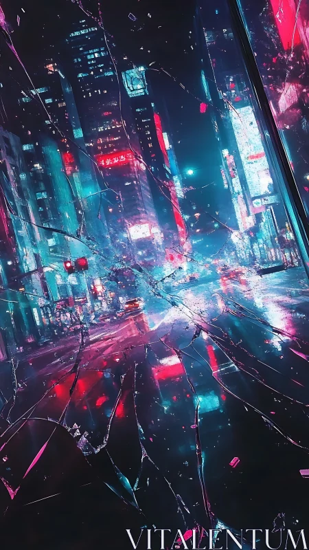 Fractured neon cityscape viewed through cracked reflective glass