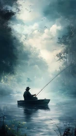 Solitary angler in misty river scene with diffuse atmospheric light
